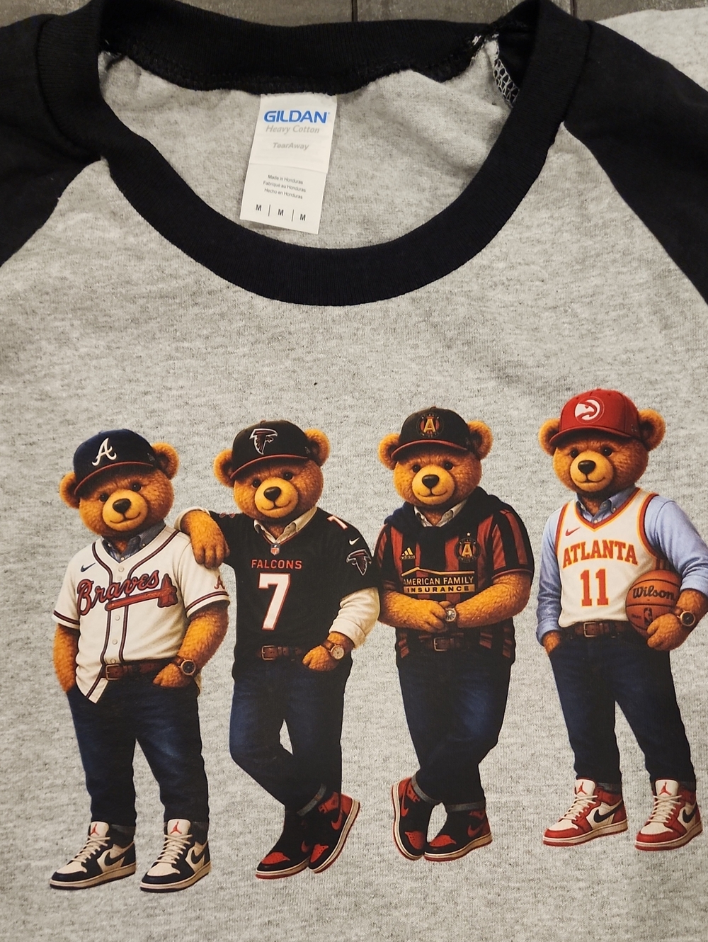 Unisex Raglan Baseball Tee with ATL TEAM Bear Players - Gray & Black